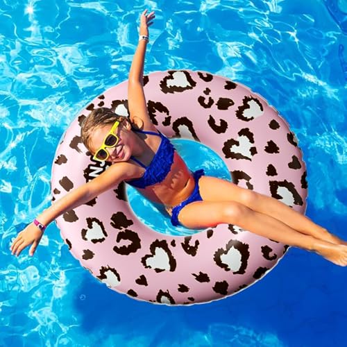 Image of Proberos Adults Swim Ring Self-Inflation Swimming Pool Ring Inner Diameter 34cm PVC Fashion Pink Leopard Print Swim Ring Beach Swim Pool Ring