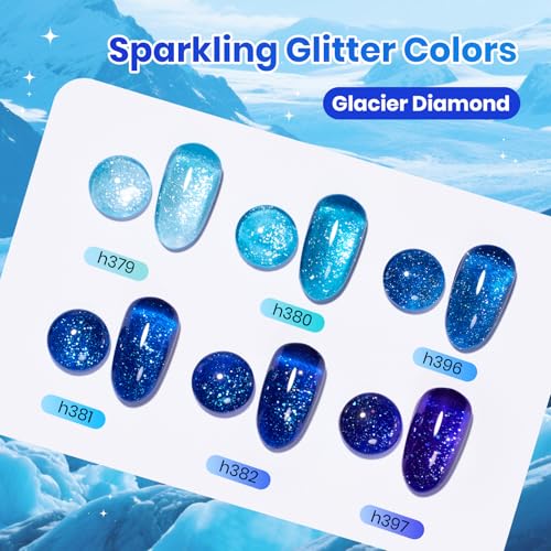 Image of Beetles Blue Gel Nail Polish Set, 6 Colors Glacier Diamond Glitter Deep Blue Shimmer Gel Polish, Sparkling Summer UV Soak Off Nail for DIY Nail Art Salon Home Gift for Women