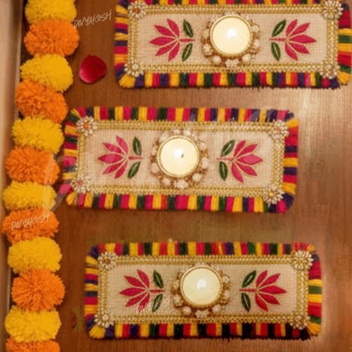 Image of Divyakosh Handmade Lotus Tea Light Table Runner Set of 2 with Led T-Light | Decorative Center Table Runner with Candle Holder | Diwali, Pooja, Wedding & Festive Home Decor