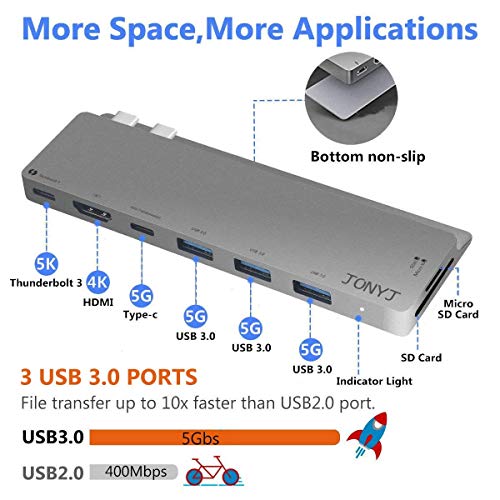 Thunderbolt 3 USB C Hub, JONYJ 8-in-1 Type C Hub MAC Pro Adapter Dongle for 2016/2017 MacBook Pro 13"&15", USB-C Adapter with 4K HDMI, 3 USB 3.0 Ports, USB-C Port, SD/TF Card Reader, PD Charger Port