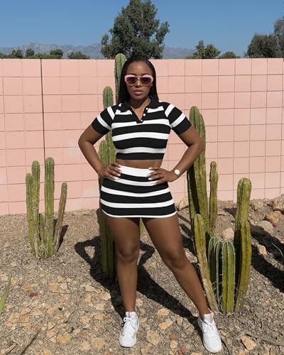 Image of HBQ Women's Casual 2 Piece Skirt Sets Polo Collar Crop Top Striped Mini Dress Summer Vacation-Stripe