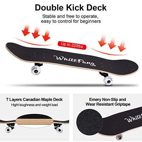 Image of WhiteFang Skateboards for Beginners, Complete Skateboard 31 x 7.88, 7 Layer Canadian Maple Double Kick Concave Standard and Tricks Skateboards for Kids and Beginners