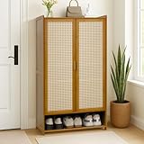 Usofhaus 下駄箱 靴箱 扉付き 7段 竹製シューズボックス 幅61cm 奥行34cm 高さ107cm おしゃれ 下駄箱収納 靴収納ラック 玄関用 24足収納 モダンファーム風 ダークブラウン