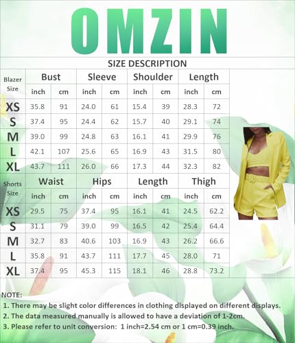 OMZIN Women's Long Sleeve Lapel Collar Blazer Straight Shorts with Belt Work Office Solid Color 2 Piece Outfits3
