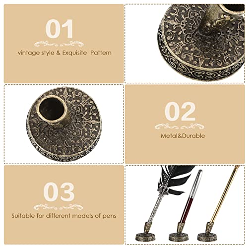 2 Pieces Vintage Round Metal Feather Pen Holder Insertion Pen Holder Feather Quill Stand Desktop Dip Pens Base for Office Supplies Student Present(Ancient Bronze) - Image 4
