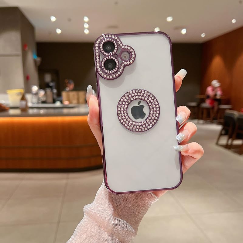 Image of LuxuryKase Sparkling Crystal Clear Case for iPhone 16 Plus | Logo Cut | Soft Protective TPU Case | Diamond Camera Lens Protector - Purple