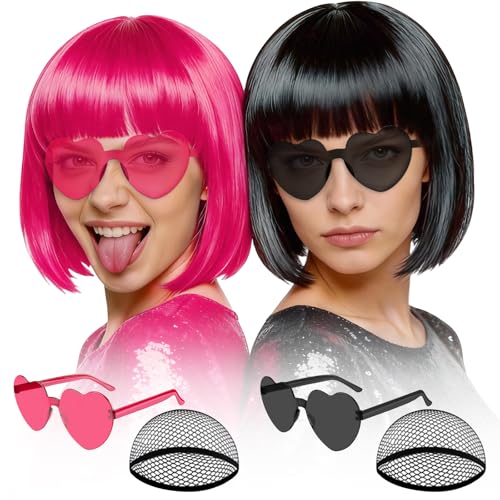 Image of MEEZY 2 Pcs Colored Bob Wigs with Bangs Black Hot Pink for Women Colorful Neon Fun Wig Short Bob Hair with Heart Sunglasses Hair Cap for Halloween Costume Cosplay Birthday Bachelorette Party Supplies
