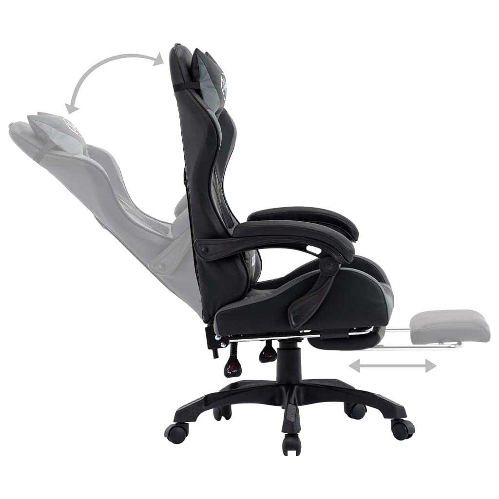Gaming-Stuhl mit Fußstütze Kunstleder Grau Schwarz ergonomische Rückenlehne Armlehne Kopfstütze Lendenstütze höhenverstellbar drehbar mit Rollen für Homeoffice Arbeitszimmer Komfort