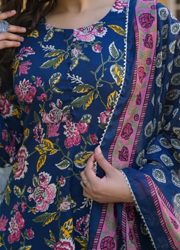Image of FUNKY RICH Women's Cotton Straight Kurta Pant with V Neck Floral Printed Pattern 3 /4th Sleeves Calf Length Regular Fit and Dupatta Set | Womans Cotton Kurta Pant Set