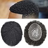 Full PU Curly Weave Mens Toupee Afro Toupee for Black Men Brazilian Human Hair System for Black Men Durable Skin PU African American Mens Hair Piece Male Hair Prosthesis 6mm afro wave 1# JET BLACK