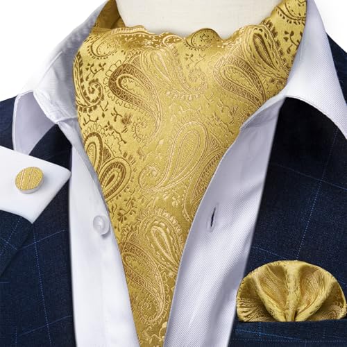Image of DiBanGu Silk Woven Ascot Cravat with Pocket Square Set for Men | Paisley Ascot,Wrinkle-Resistant,Silky Smooth,Easy to Match,Cufflinks,Tie Ring,Wedding,Ceremonies,Party Occasions,Banquet