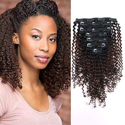 Lovrio Ombre Clip Ins Kinkys Curly Hair Extensions Brazilian Virgin Human Hair Tone Natural Black Fading into Light Chocolate Brown KCTN/4 7 Pieces 120g 12"