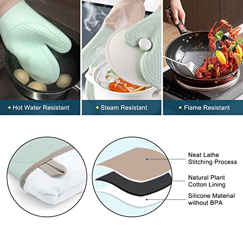 Home Oven Mitts And Pot Holders Sets, Heat Resistant Oven Mittens & Mini Oven Gloves & Hot Pads, Non-Slip Textured Soft Cotton Lining Perfect For Bbq,Baking,Cooking,Grilling-Mint 5 Pcs #TOP4