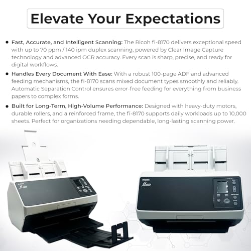 Image of Fi-8170 Professional High Speed Color Duplex Document Scanner -1 Year Warranty, Network Enabled, Scanner High Volume with Power Adapter + USB 3.2 Cable + Microfiber Cloth Included