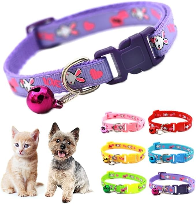Cute Cat and Dog Collar with Bell, Adjustable Nylon Puppy Kitten Collar, 5 Colors (Rabbit Purple, Neck 7-12")