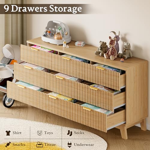 Image of BORNOON Fluted 9 Drawer Dresser, 57.1 inch Wide Modern Boho Chest of Drawers, Wooden Storage Dresser TV Stand for Bedroom, Living Room, Closet, Hallway, Curved Profile Design