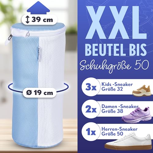 PROMILA- Schuhwaschbeutel Waschmaschine -3 teiliges Set- Schuhbeutel Waschmaschine in Grau/Blau-2XXL waschbeutel Schuhe & Reinigungsbürste-PROMILA wäschesack Schuhe ist Leise, Fusselnfrei,Top-Qualität