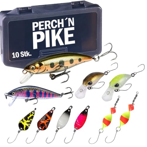 PERCH`N PIKE Forellenköder 10er Set, Angelköder Set für Forellen Angeln mit Wobbler, Spoons & Crankbaits, Kunstköder Köder Set inkl. Tackle Box, Angelzubehör Forelle in DREI Versionen (Set-3)