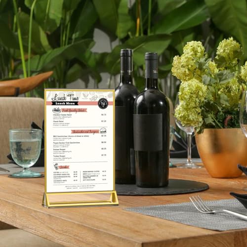Image of Dynta Acrylic Sign Holder 5x7in Double-Sided Display Stand with Gold Frame Clear Table Sign Holders for Wedding Party Restaurants Home Office(8 Pack)