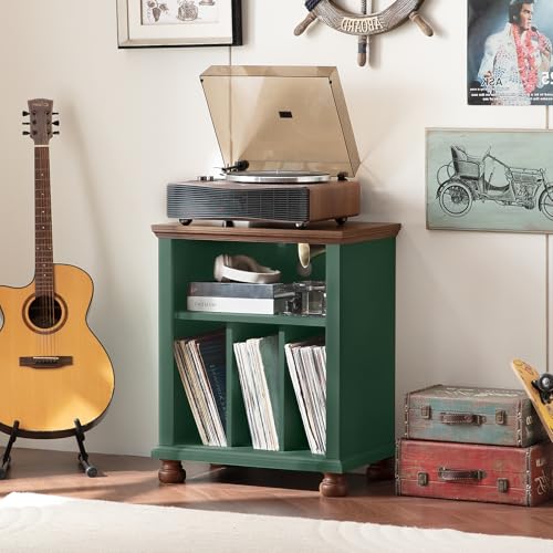 LELELINKY Plattenspieler Ständer, Plattenspieler Regal Bietet Platz für bis zu 200 Alben, Großes Holz Plattenspieler Tisch, Schallplatten Regal für Wohnzimmer, Schlafzimmer, Büro, Grünes
