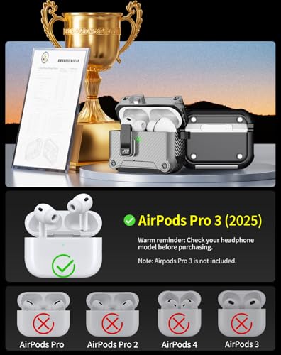 Image of Pohgelan for AirPods Pro 3 Case with Safety Lock-Silver | Carbon Fiber Texture Cover,Magnetic Automatic Lock with Cleaning Kit&Keychain,Compatible with Magsafe