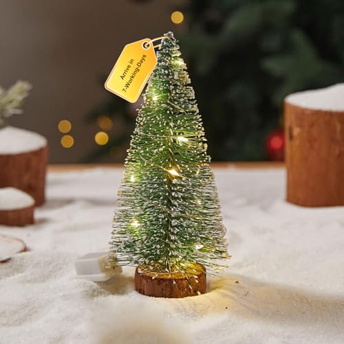 Mini Árbol de Navidad con Luz LED Artificial Árbol de Navidad con Bases De Madera Decoración Navideña para Escritorio Regalos Navideños Amarillo Cálido