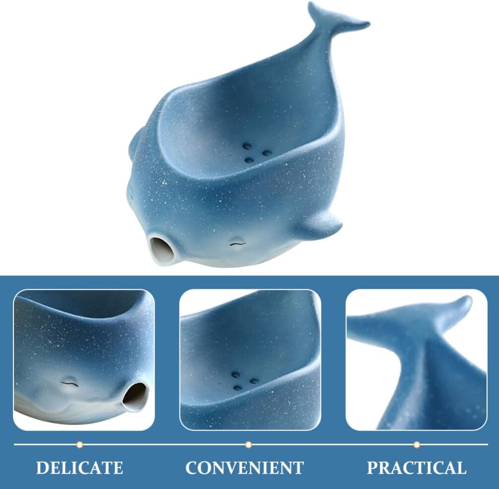 Ceramic Soap Dish with Drain, Cute Whale Sponge Holder Self Draining Bar Soap Dish Holder for Bathroom Kitchen Sink Shower Counter
