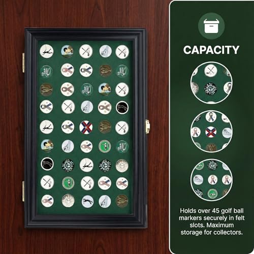Image of 40 Golf Ball Marker Display Case Full Magnetic Backing 98% UV Acrylic Door Lockable Storage Box for Collectors (Black - Markers Display Frame)