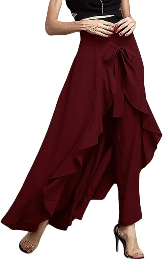 MuCoo Women's Ruffle Plain Wide Leg Split TieWaist Maxi Long Palazzo