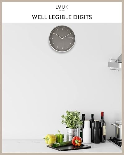 Miniatura 5 de LUUK LIFESTYLE Reloj de pared con movimiento silencioso, diseño minimalista escandinavo, regalo para mudanza, números arábigos fáciles de leer, gris