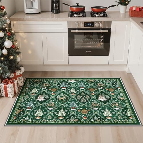 Madane Christmas Area Rug 2x3, Small Washable Green Entryway Carpet Xmas Holiday Decor Accent Kitchen Non Slip Soft Low Pile Floor Doormat Indoor Throw Rug Entry Bedroom Entrance