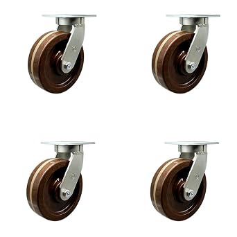 8 Inch Swivel Top Plate Caster Set Extra Heavy Duty Casters with High Temperature Phenolic Wheels - Includes 4 Swivel with Bolt on Swivel Locks - Casters Set of 4 Heavy Duty - Service Caster Brand