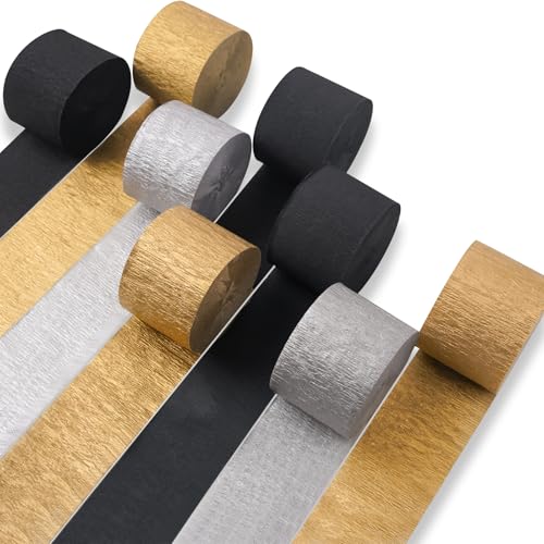Image of PartyWoo Crepe Paper Streamers 8 Rolls 656ft, Pack of Black, Gold and Silver Party Streamers, Crepe Paper for Birthday Decorations, Party Decorations, Wedding Decorations (1.8 in x 82 Ft /Roll)