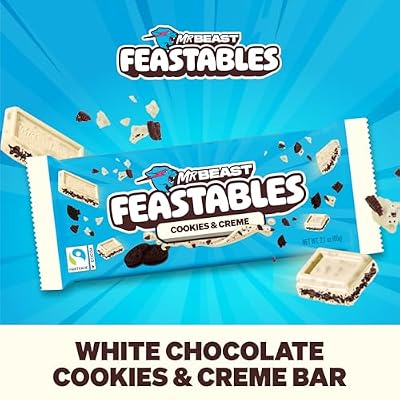 MrBeast Feastables Cookies & Creme Chocolate Bar, King Size, 10 Count, White Chocolate with Cookie Pieces, Fairtrade Cocoa, 2.1oz Each