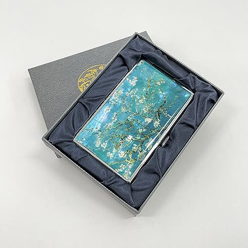 Image of Mother of Pearl Business Card Case Credit Id Name Holder Travel Wallet Art Painting Design Metal Stainless Steel Engraved Slim Purse Pocket Cash Money Wallet (Almond Blossom)