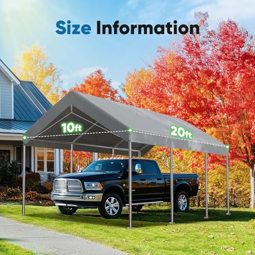 Image of ADVANCE OUTDOOR 10x20 ft Carport Replacement Top Cover, Heavy Duty Waterproof & UV Protected, Easy Installation with Ball Bungees, Gray, Roof Only