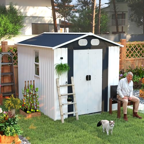 Image of KEIKI 8x6 FT Heavy-Duty Outdoor Storage Shed, Metal Shed with Reinforced Frame, Lockable Doors & Air Vents, Weatherproof Garden Tool Shed for Backyard, White