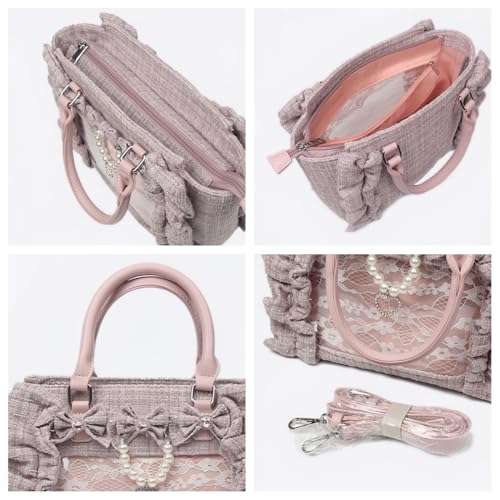 Image of Ita Bag Pins Display Single Shoulder Crossbody Bag Ruffles Bow Purse and Handbag for Women Nylon Tote Bag with Insert (Pink)