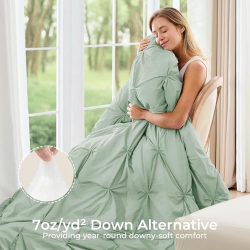 Image of Sasttie King Size Comforter Set, 7-Piece Bed in a Bag, Pintuck Bedding Sets for All Season, Includes Comforter, Flat Sheet, Fitted Sheet, Pillowcases and Pillowshams, Light Sage Green