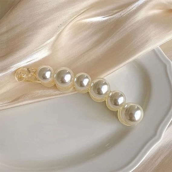 Snowpearl 02 Pieces Pearl Hair Banana Clips Ponytail Holder Thick Fine Hair Clip French Barrettes Rhinestones Teeth Inside Slide Jaw Clips for Women & Girls 3