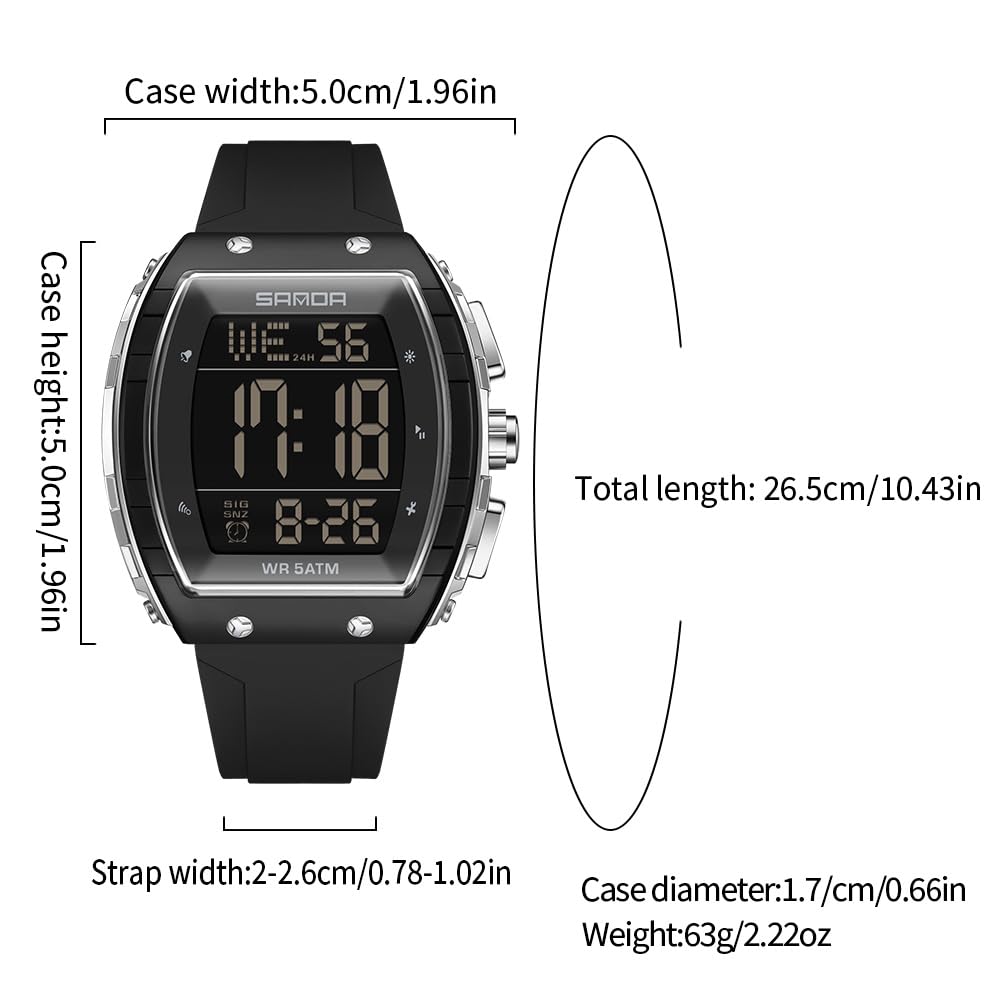 CARLIEN Montre numérique pour homme - Étanche jusqu'à 5 ATM - Bracelet en silicone - Double heure - Alarme - Compte à rebours - Chronomètre - Rétroéclairage LED
