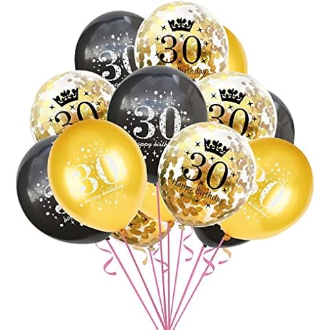 Aoliandatong 30th Birthday Balloons 15 Pcs, Happy Birthday Confetti Balloons 12inch, Gold/Black/Transparent Balloons for Birthday Party Decorations( 30th) Cover