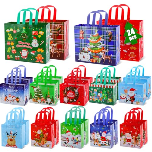 FUHITIM 24 Pack Bags - Non-Woven Christmas Tote Bags Includes 4 Large, 10 Medium, 10 Small with Handles for Gifts & Party