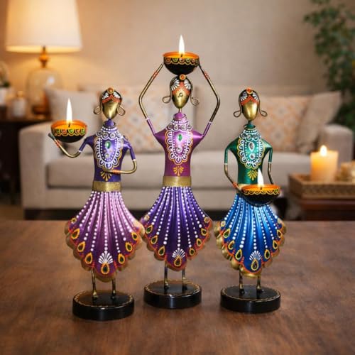 Image of Rajasthani Showpiece Set of 3 | Handcrafted Metal Table Decor | 11x5x2 Inch, 300g Each | Traditional Home Decoration Items for Living Room | Ethnic Figurine & Housewarming Gift