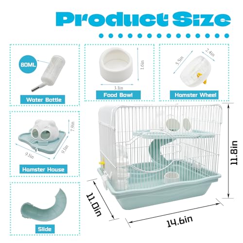 Image of 2-Tier Portable Hamster Cage and Habitats,Travel Metal Mouse Cages with Free Water Bottle,Houses and Exercise Wheel for Any Breed of Hamster and Small Animal (14.6x11.0x11.8inch Light Blue)