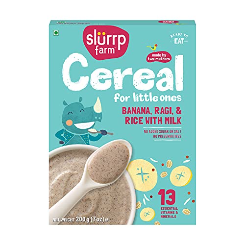 Slurrp Farm Cereal, Ragi, Rice and Banana with Milk, Instant Healthy Food, NO Added Sugar, Mildly Sweetened with Date Powder, 200 g