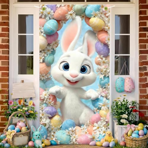 Image of Happy Easter Door Cover Cute Bunny Banner Pastel Eggs Floral Spring Front Door Decorations Home Party Outdoor Decor 35.4x71 Inch