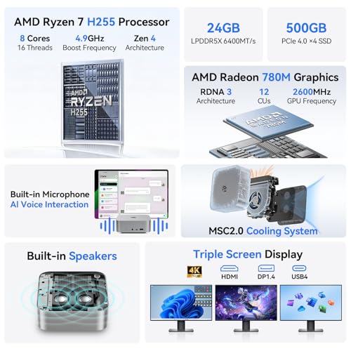 Image of Beelink Mini PC SER9 Pro Ryzen 7 H255(3.8-4.9GHz), 24GB 6400MT /s LPDDR5X 500GB PCIe4.0 SSD Desktop Computer, AI Voice /Built-in Speakers /MIC, 2.5G LAN /WiFi6 /Home /Office /Gaming PC