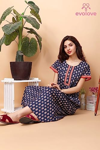 Image of Evolove Women's Cotton Long Maxi Night Gown Nighty Dress with Pocket & Stylish Button, Super Soft Comfortable (LNG-Button)