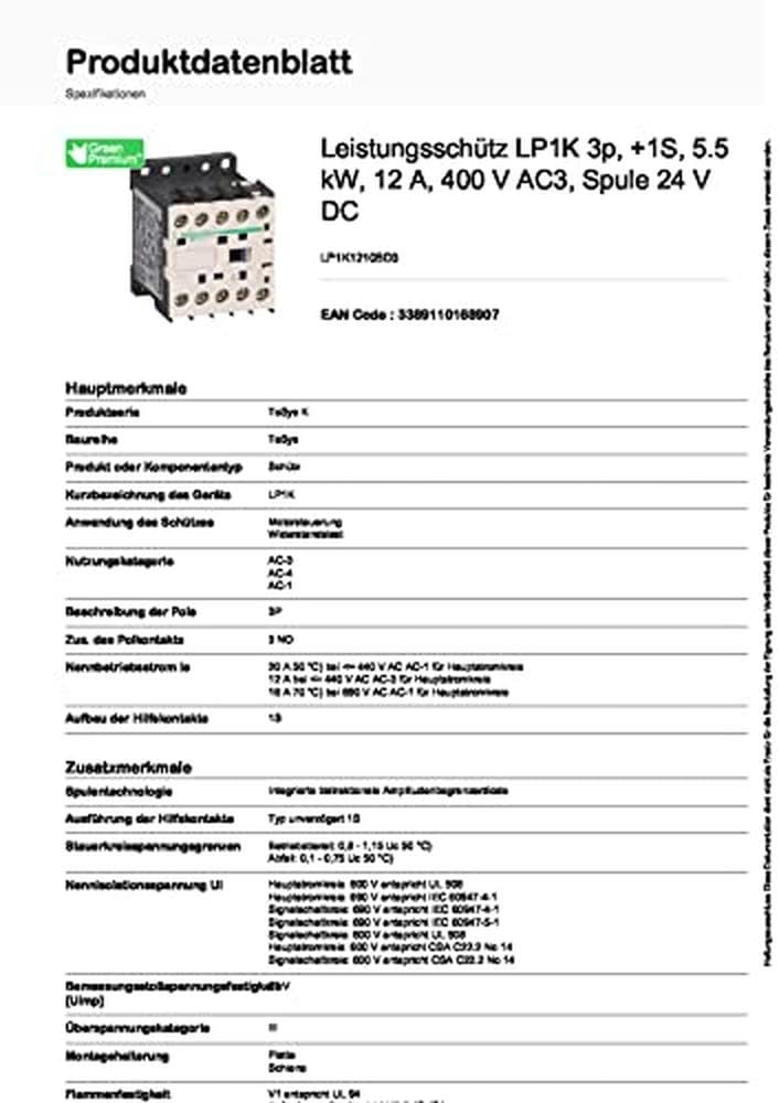 Schneider Electric LP1K1210BD3 Leistungsschütz LP1K 3p, +1S, 5.5 kW, 12 A, 400 V AC3, Spule 24 V DC
